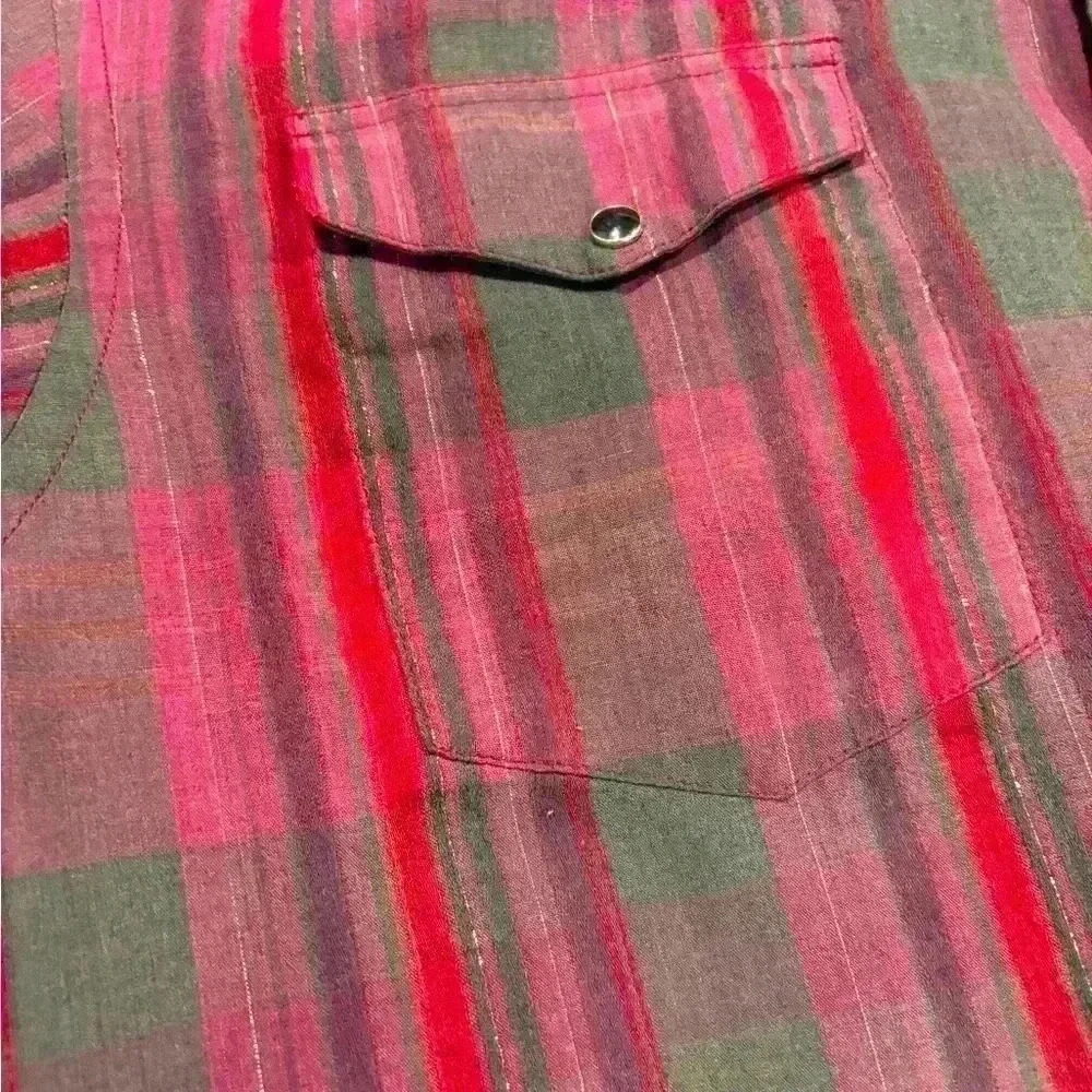 Wrangler Pearl Snap Gold Red & Green Striped Shirt Men’s 15 1/2-34 X-Long Tails - Picture 4 of 6